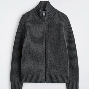 COS Funnel Neck Knitted Wool Sweater Zip Up Jacket Charcoal Gray Size Large